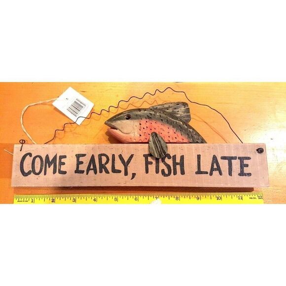 Come Early Fish Late Wooden Sign Wall Plaque Fisherman Fathers Day Man Cave - Picture 3 of 5